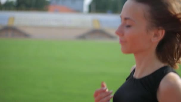 Kobieta Sportowiec Jogging Torze Stadionie Kobieta Sportowiec Robi Ćwiczenia Fizyczne — Wideo stockowe