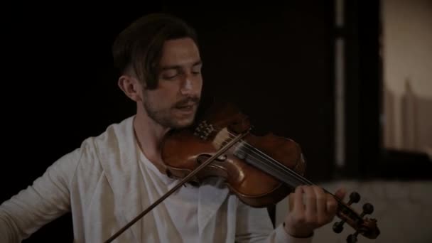 Egy Duó Zenész Játszik Éjszakai Égbolt Alatt Egy Férfi Hegedül — Stock videók