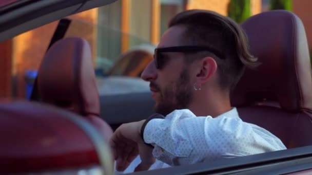 Man Riding Convertible Beautiful Red Cabriolet Car Driving Road High — Stock Video