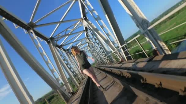 Sexy Woman Dancing Railway Bridge Beautiful Young Dancer Seductively Dances — Stock Video