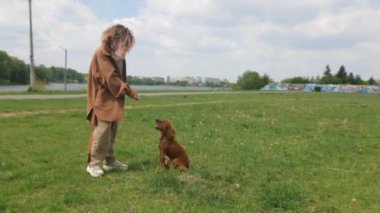 Mutlu kadın ve tüylü arkadaşı parkta güneşli bir günün tadını çıkarıyorlar. Parkta neşeli kahverengi bir köpek olan Cocker Spaniel ile etkileşime giren bir kadın. Gülümseyen kadın, açık havada dost canlısı kahverengi bir köpeği okşuyor. Bir kadın ve kahverengi köpeği arasında sakin bir an.