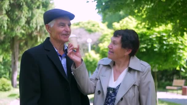 Ein Älteres Ehepaar Schlendert Friedlich Durch Den Park Ein Mann — Stockvideo