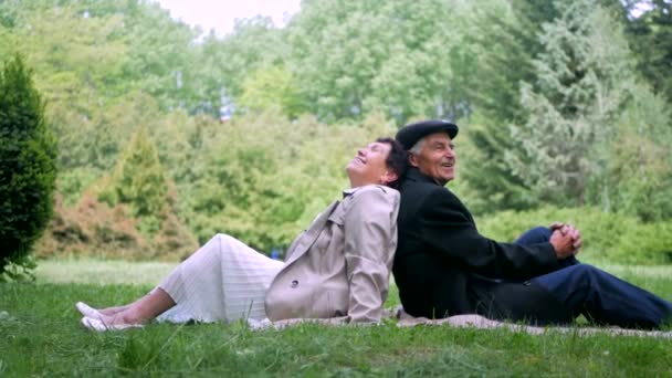 一对老夫妇在公园里平静地散步 一个男人和一个女人在大自然中悠闲地散步 一对年长的夫妇在公园里散步 一对老夫妇在一个宁静的公园里嬉戏 一位绅士和一位女士在散步 — 图库视频影像