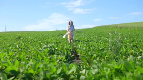 Donna Abito Bianco Passeggiando Attraverso Campo Verde Donna Con Body — Video Stock