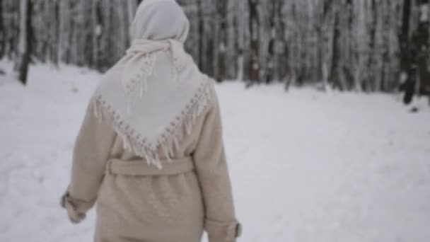 Wanita Dengan Syal Putih Dan Mantel Berdiri Hutan Bersalju Wanita — Stok Video