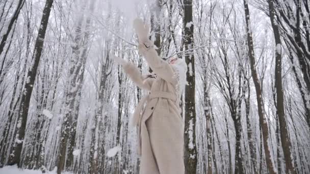 Woman White Scarf Coat Throws Snow High Forest Lady Standing — Stock Video