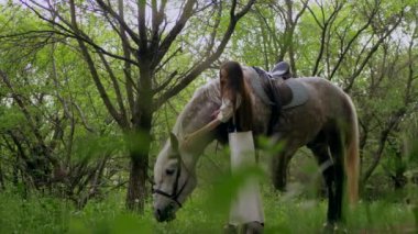Huzurlu orman ortamında at besleyen bir kadın. Kadının yürüdüğü ve atla ağaçlar arasında bağ kurduğu huzurlu bir an. Sakin orman sahnesinde at ve kadın arasındaki bağ. Tarlada atlara sevgi gösteren bir kadın. At okşayan kadın. 