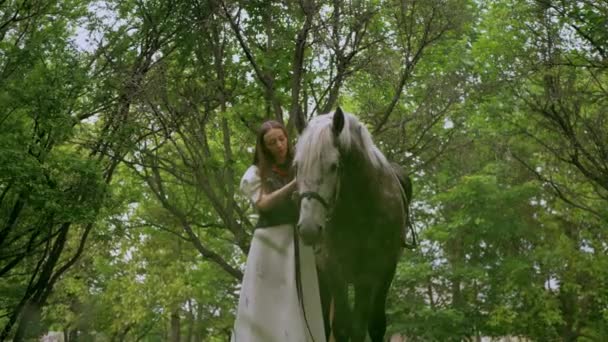Kobieta Delikatnie Głaskająca Konia Spokojnym Leśnym Otoczeniu Spokojna Chwila Gdy — Wideo stockowe