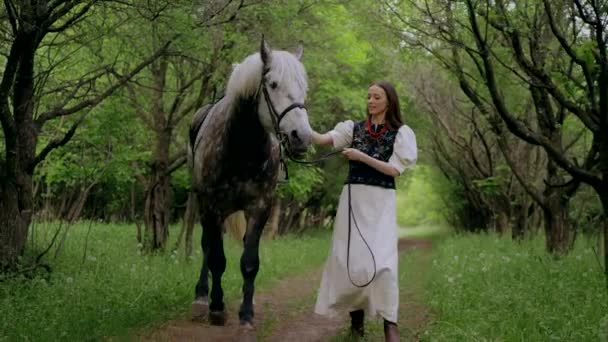 Donna Accarezzare Delicatamente Cavallo Tranquillo Ambiente Boschivo Momento Sereno Mentre — Video Stock