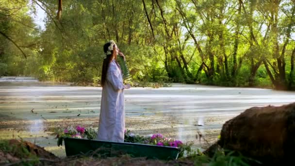 Serene Scene Woman Surrounded Blooming Flowers Boat River Woman National — Stock Video
