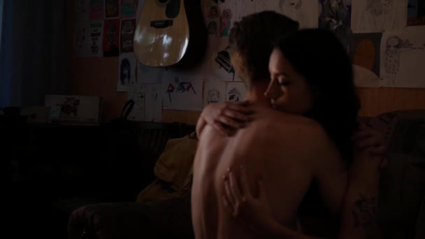 Naked Man Woman Embracing Dimly Lit Room Couple Sharing Tender — Stock Video