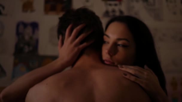 Naked Man Woman Embracing Dimly Lit Room Couple Sharing Tender — Stock Video
