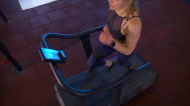 Beden eğitiminde fiziksel egzersiz yapan bir kadın. Kadın spor salonunda ağırlıklı çömelme yapıyor. Aktif bayan spor salonunda dambıllarla çömeliyor. Kadın bacak egzersizi için çömeliyor. Spor meraklısı düzgün bir şekilde çömeliyor. Sportif Kadın  
