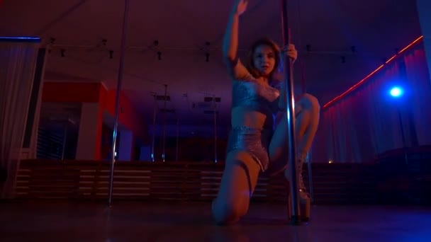 Sexy Vrouw Danst Een Paaldans Een Discotheek Erotische Dans Een — Stockvideo