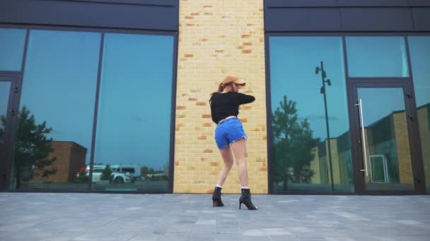 Woman Denim Shorts Black Top Gracefully Dancing High Heels Front — Stock Video