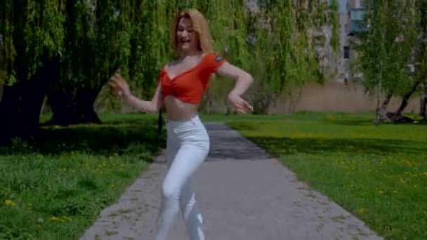 Beautiful Energetic Woman Dancing Salsa Outdoors Young Woman Dancing Bachata — Stock Video