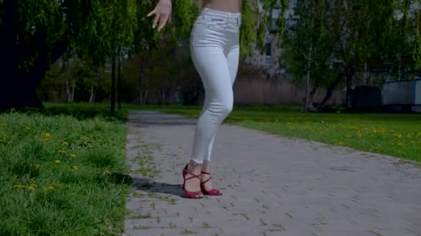 Hermosa Mujer Enérgica Bailando Salsa Aire Libre Disparo Cámara Lenta — Vídeos de Stock
