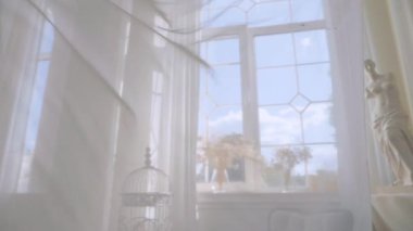 Dalgalı beyaz perdeleri olan parlak bir oda. Narin kuş kafesi ve dalgalı beyaz perdeleri olan sakin bir oda. Beyaz şeffaf kumaş rüzgarda dalgalanıyor. Parlak bir stüdyoda uzun beyaz perdeler. Saf beyaz perdeler rüzgarda yavaşça esiyor.
