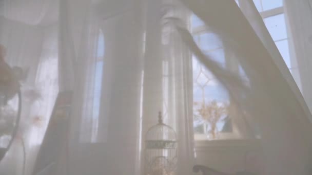 Camera Luminosa Con Tende Bianche Ondeggianti Sala Serena Con Delicata — Video Stock