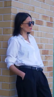 İş kadını yürüyor, gülümsüyor ve iş merkezinin yakınındaki kameraya bakıyor. Dikey, ofis çalışanı. Beyaz gömlekli ve siyah pantolonlu bir kadın caddenin ortasında gülümsüyor. İş gülümseyen girişimci.