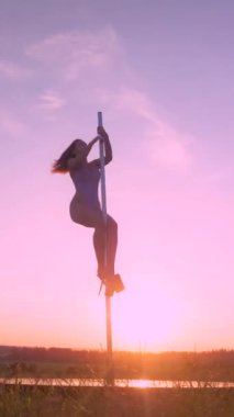 Dikey. Mayo giymiş siluetli bir kadın güneşli bir alanda zarif bir şekilde dans ediyor. Yavaş çekim. Alacakaranlık 'ta açık alanda dans eden zarif bir direk dansçısı. Kadınlar dans ederken güzel günbatımı arkaplanı
