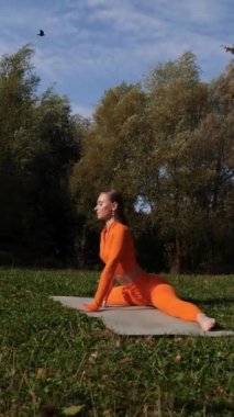 Dikey. Yoga yaparken parkta gerinen turuncu kıyafetli bir kadın. Bir kadın esneme egzersizleri yapar. Esneklik eğitimi, Limbering rutinleri, Hareket çeşitliliği tatbikatları, Ortak seferberlik tatbikatları, esneklik egzersizleri,