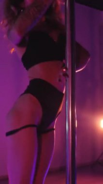 Dikey. Seksi kadın disko kulübünde direk dansı yapıyor. Direğin üstünde erotik dans. Egzotik direk dansı, striptizci, direk sporu, direk sanatı. Duman makinesi, lazer..