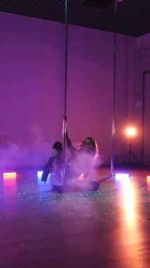 Dikey. Seksi kadın disko kulübünde direk dansı yapıyor. Direğin üstünde erotik dans. Egzotik direk dansı, striptizci, direk sporu, direk sanatı. Duman makinesi, lazer..