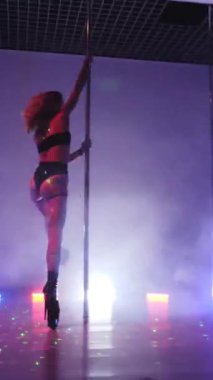 Dikey. Seksi kadın disko kulübünde direk dansı yapıyor. Direğin üstünde erotik dans. Egzotik direk dansı, striptizci, direk sporu, direk sanatı. Duman makinesi, lazer..
