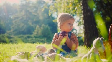Sonbahar parkı sahnesi; yakut kırmızısı bir elma tutan bir çocuk, doğanın güzelliğiyle çevrili bir battaniyenin üzerinde oturur. Küçük bir tanesi gülümsüyor, canlı yeşil çimenlerin arasına yerleşmiş, tatlı bir ziyafetin tadını çıkarıyor, altın güneş ışığıyla yıkanmış. Parkta piknik zamanı; bir çocuk,