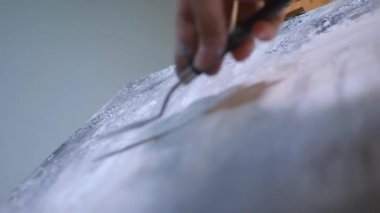 Sanatçı, sehpada beyaz bir tuval üzerinde bir fırça ile soyut bir tablo çizer. Beyaz bluzlu bir kadın stüdyoda parlak renklerle bir resim çiziyor. Sanatçının eli zarafetle hareket eder, tuvale bir güzellik sahnesi çizer. 