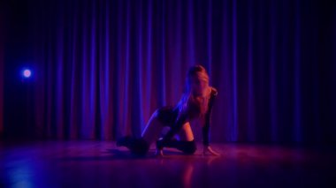 Baştan çıkarıcı dans eden seksi kadın. Yüksek topuklu bir dansçı, canlı renklerle yıkanmış, sahnenin heyecan verici enerjisini somutlaştırıyor. Akışkan hareketler, yüksek topuklar ve büyüleyici bir göz alıcı performans loş alanı ateşler. Sahnede Geceçöküşü