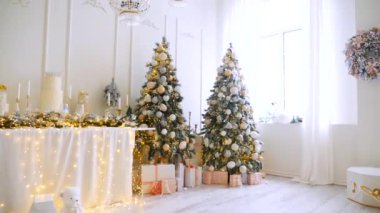 Narin süslemelerle süslenmiş şenlikli ağaçlar güzel bir sehpanın başında nöbet tutarlar. Zarif Noel süsleri. Hediyeler ve ağaçlar sıcak ve davetkar bir atmosfer yaratır. Bir Noel ziyafeti bekliyor. İkramlarla ve parıldayan ışıklarla dolu bir masa,