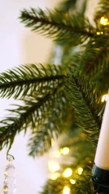 Dikey, ışıldayan buz saçakları ve parıldayan ışıklar, narin, dağınık bir ışıkla yıkanmış, bayram köknarı süslüyor. Minyatür bir mum ve yıldızdan gelen yumuşak, sıcak bir parıltı, bir Noel ağacının zümrüt dallarının arasına yerleşmiş.