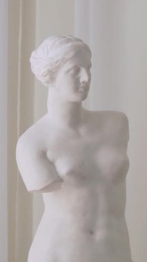 Dikey, pencerenin yanındaki zarif heykel. Parlak bir pencereye karşı heykel. Pencereden dışarı bakan heykel. Pencere kenarında tefekkür eden heykel. Heykel ile pencere görünümü