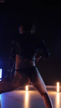 Vertical, Sexy woman dancing a seductive dance. A dancer girl with a big ass in a thong dances erotically in a dark hall. Twerk, high heels, striptease