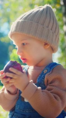 Dikey, küçük bir tanesi, ısırık bir elma tutuyor, sonbaharın altın parıltısının ortasında. Güneş ışığı, yarısı yenmiş bir elmayı tutarken çocuğun yüzünü ısıtır. Kot pantolon ve şeftali rengi bir çocuk.