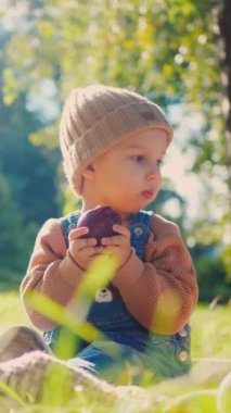 Dikey, küçük bir tanesi, ısırık bir elma tutuyor, sonbaharın altın parıltısının ortasında. Güneş ışığı, yarısı yenmiş bir elmayı tutarken çocuğun yüzünü ısıtır. Kot pantolon ve şeftali rengi bir çocuk.