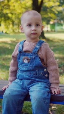 Dikey, küçük bir çocuk, düşüncelere dalmış ve mutlu, sonbahar güneşinde bankta oturuyor. Sonbahar renkleri, yıpranmış ahşap bir bankta derin derin oturan bir çocuğun etrafını sarar. Huzurlu sahne: Genç bir çocuk,