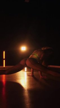 Dikey, baştan çıkarıcı dans eden seksi kadın. Büyük kalçalı, tangalı bir dansçı kız karanlık bir salonda erotik bir şekilde dans ediyor. Twerk, yüksek topuklu, striptiz