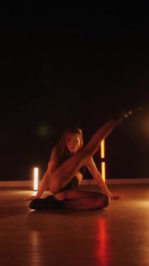 Dikey, baştan çıkarıcı dans eden seksi kadın. Büyük kalçalı, tangalı bir dansçı kız karanlık bir salonda erotik bir şekilde dans ediyor. Twerk, yüksek topuklu, striptiz