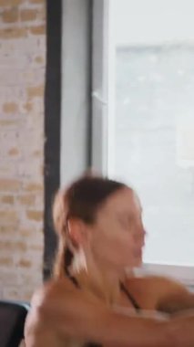 Dikey. Fitness meraklısı spor salonunda vücut egzersizi yapıyor. Kadın spor salonunda çekirdek egzersizi yapıyor. Spor salonunda spor yapan spor meraklısı. Egzersiz yapan bir kadın. Jimnastik. Antrenmandaki kuvvet