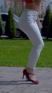 Dikey. Güzel enerjik kadın dışarıda salsa yapıyor. Bachata yapan genç bir kadın, açık gökyüzünün altında parkta kizomba yapıyor. Şehrin kaldırımında ateşli bir kadının baştan çıkarıcı dansı..