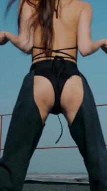 Dikey. Baştan çıkarıcı dans eden seksi kadın. Kıvranıyor. Siyah kıyafetler, berrak bir gökyüzü arkaplanı ve çatı dansı. Güneşte bir kıvılcım. Çatı performansı, büyüleyici bir vücut hareketi ve tarz gösterisi. Büyüleyici bir twerk gösterisi güçlü