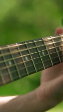 Dikey. Yapraklı bir gölgelik altında akustik gitar çalan bir adam, benekli güneş ışığıyla yıkanmış. nazik tıngırtı, yemyeşil, ve huzurlu bir melodi. Akustik gitar müziği orman havasını doldurur, bir adamın parmakları tellerde dans eder.. 