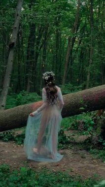 Dikey. Ormanda şeffaf beyaz elbiseli yalnız, çekici bir kadın. Çekici Dryad ya da Orman Perisi ruhani ve zarif bir şekilde ormanda geziniyor. Çıplak ayaklı orman perisi. Mavka Naiad Masalda