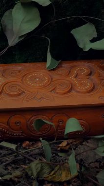 Dikey. Ormanda mücevherleri olan sihirli ahşap kutu. Kayıp hazine. Çimlerin arasına gizlenmiş antik bir kutu..