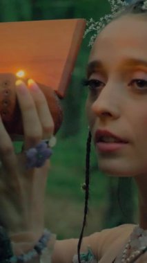 Dikey. Şeffaf beyaz elbiseli yalnız çekici kadın ormanda sihirli bir kutu açıyor. Çekici Dryad ya da Orman Perisi ruhani ve zarif bir şekilde ormanda geziniyor. Çıplak ayaklı orman perisi. Mavka Naiad Masalda