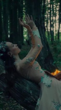 Dikey. Şeffaf beyaz elbiseli yalnız çekici kadın ormanda sihirli bir kutu açıyor. Çekici Dryad ya da Orman Perisi ruhani ve zarif bir şekilde ormanda geziniyor. Çıplak ayaklı orman perisi. Mavka Naiad Masalda