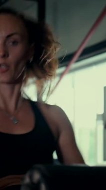 Dikey. Spor salonunda bir kadın, gücü ve hassasiyeti somutlaştırıyor. Ter parlıyor, kaslar çalışıyor. Bir bayan sporcu antrenman yapıyor, limitlerini zorluyor. Güçlü bir atletizm gösterisi. Güzel vücut şekilleri